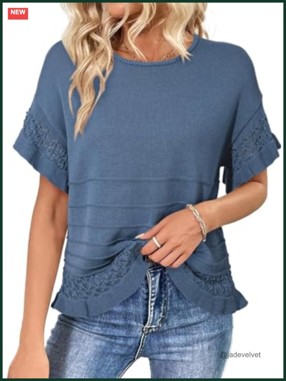 Womens Short Sleeve Knit Pullover Sweater Ruffle Hem Crochet Summer Oversized